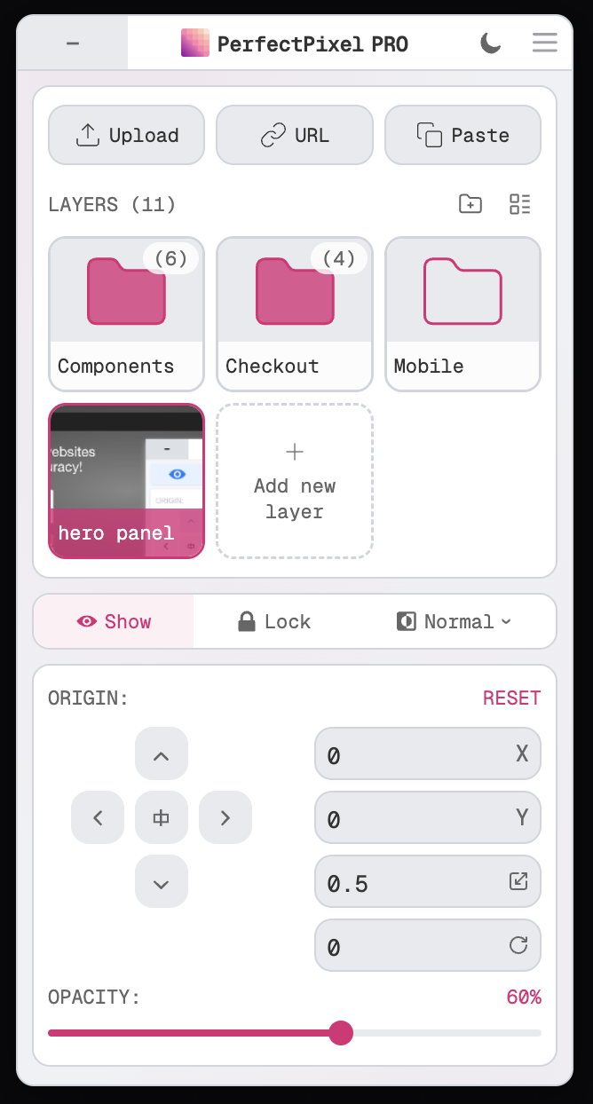 PerfectPixel Pro panel showing folders for Components, Checkout, and Mobile