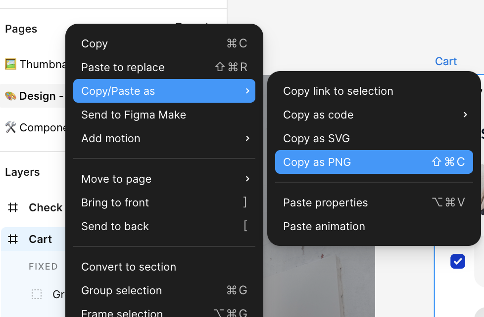 The Figma right-click menu on a selected frame, with Copy/Paste as open and Copy as PNG highlighted