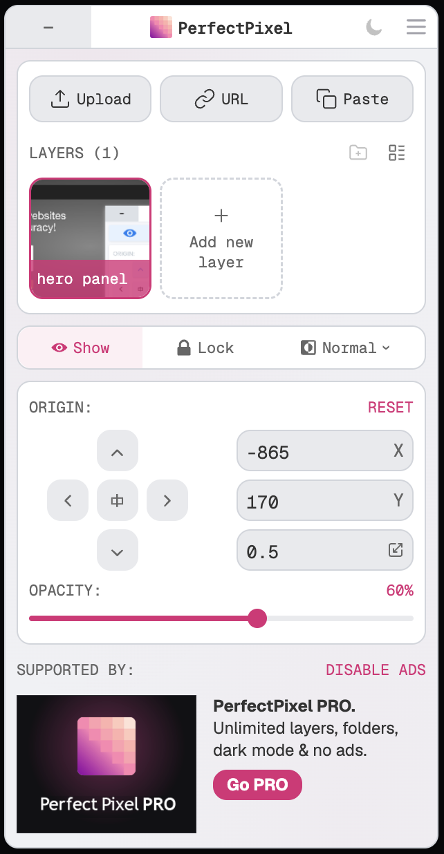 PerfectPixel free panel: one layer, the Show, Lock and blend mode bar, origin and opacity controls, and the ad row at the bottom showing a PerfectPixel PRO ad