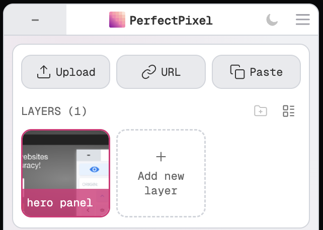 The top of the PerfectPixel panel: Upload, URL, and Paste buttons above one loaded layer
