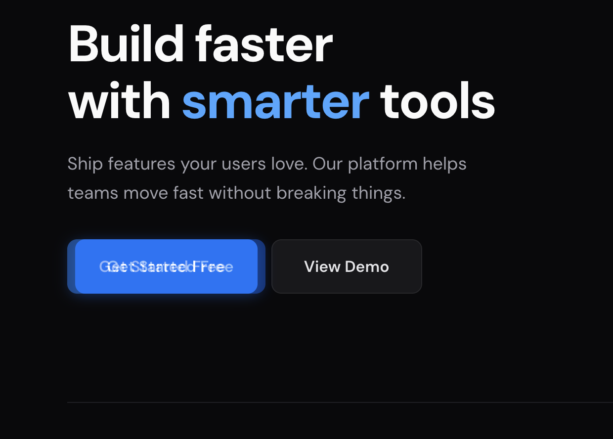 A dark landing page with its design overlaid at 50% opacity; the primary button appears doubled because the build has it 8px off