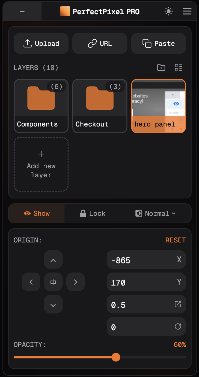 PerfectPixel Pro panel in the dark theme with an orange accent: 10 layers as two folders, Components with 6 and Checkout with 3, plus one loose layer, a rotation field under the origin controls, and no ad row