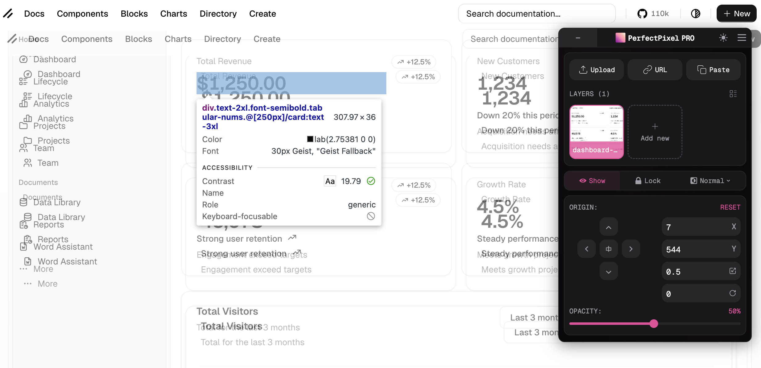 PerfectPixel Pro dark theme overlaying a design on a live dashboard